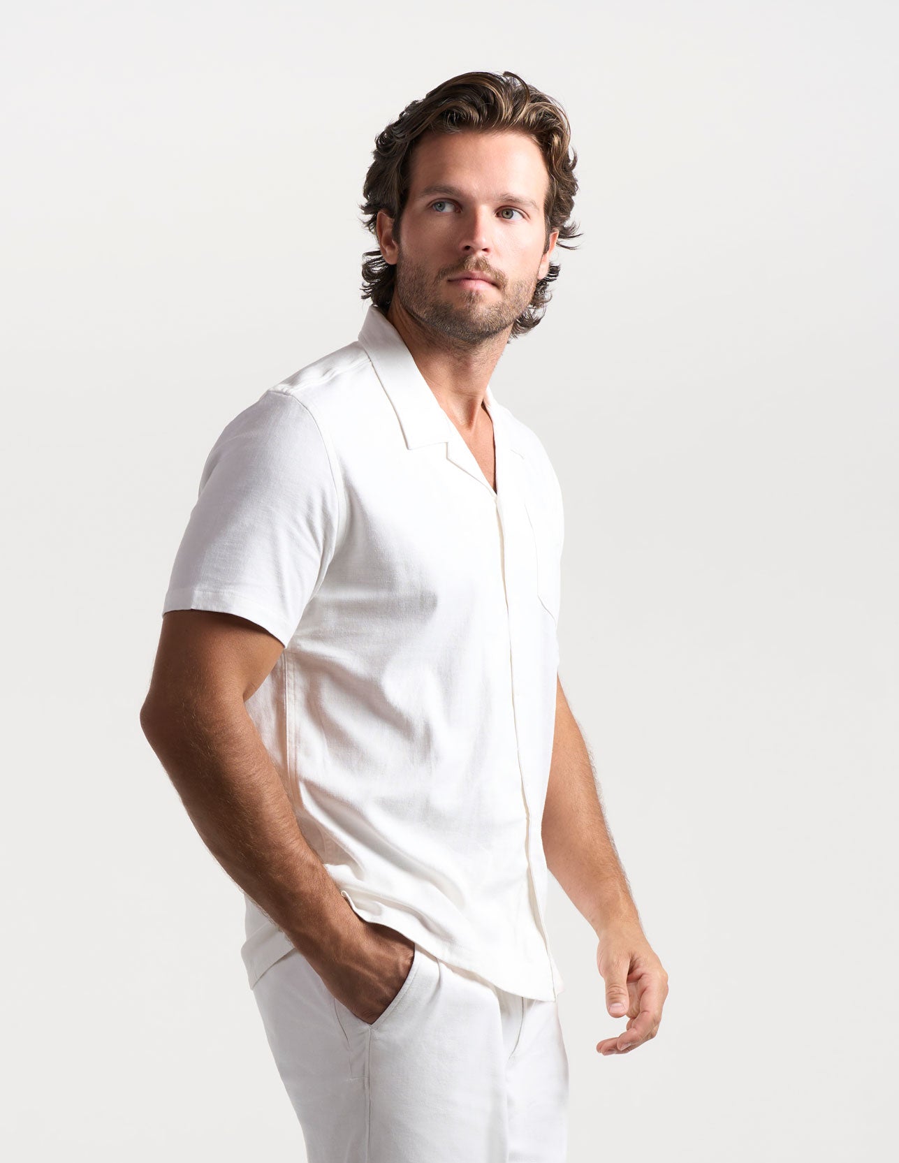 Tech Linen Camp Collar - White